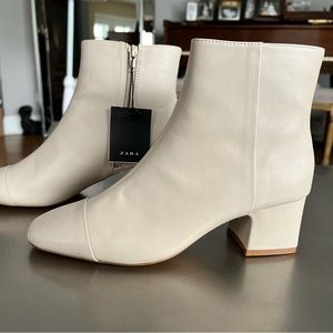 ZARA zip-up ankle boot, taupe / bone color, size 38 / 7.5, 2” heel. NWT